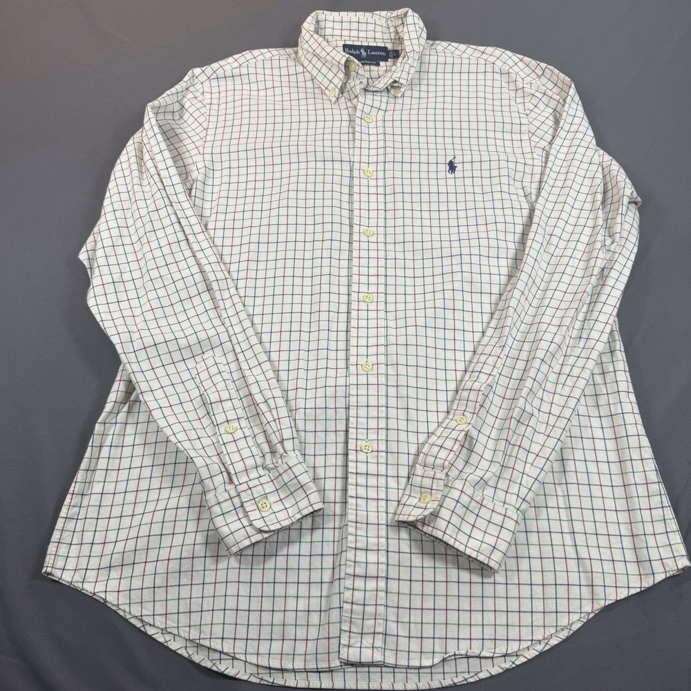 Ralph Lauren Mens Large White Red Blue Green Flannel Custom Fit Button Down Soft